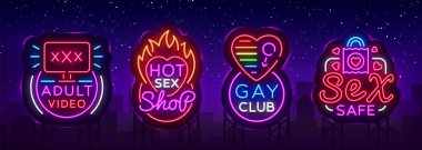 Neon tarzı logoları seks mağazası ayarlayın. Neon işareti koleksiyonu, Eşcinsel kulübü, yetişkin oyuncakları, tasarım şablonu, ışık afiş seks endüstrisi, Tema parlak neon reklam. Vektör çizim. Billboard