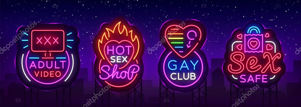 Sex shop set of logos in neon style. Neon sign collection, Gay club, Adult toys, Design template, Light banner on the theme of sex industry, Bright neon advertising. Vector illustration. Billboard.