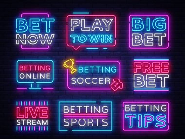 Koleksiyon bahis neon işaret. Set neon kumar sloganı, Casino, bahis tasarım öğesi, gece neon tabela, afiş gece parlak reklam. Vektör çizim