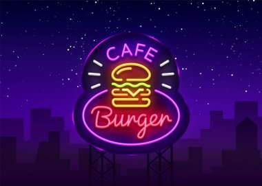 Burger Cafe neon tabela. Fastfood burger sandviç neon stil logosu, parlak afiş, tasarım şablonu, gece neon reklam yemek, kafe, Restoran, snack bar, sokak gıda için. Vektör. Billboard