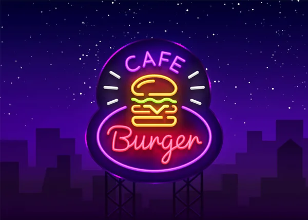 Burger cafe neon sign. Logo gaya roti lapis burger fastfood neon, spanduk terang, templat desain, iklan neon malam untuk makan, kafe, restoran, snack bar, makanan jalanan. Vektor. Billboard - Stok Vektor