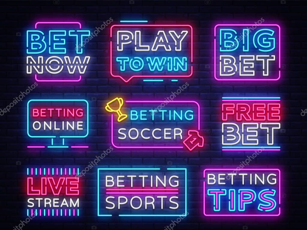 Collection Betting neon signs. Set neon banners Gambling slogan, Casino, Betting design element, Night neon signboard, night bright advertising. Vector illustration.