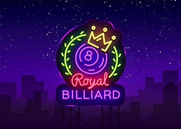 Billiards neon sign. Logo Royal Billiards dengan gaya neon, spanduk ringan, desain lambang malam biliar, iklan kehidupan malam yang cerah, elemen desain untuk proyek Anda. Vektor. Billboard - Stok Vektor
