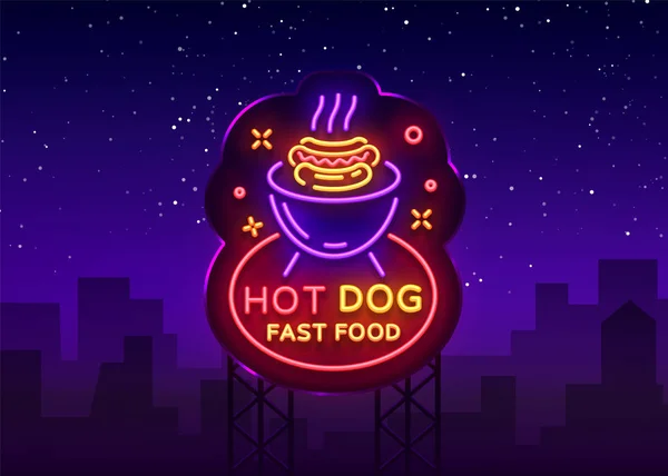 Hot Dog vector de señal de neón. Logo de perro caliente en plantilla de diseño de estilo neón, emblema de neón nocturno, pancarta ligera, letrero, publicidad nocturna ligera de comida rápida para café, restaurante, snack bar. Cartelera — Archivo Imágenes Vectoriales
