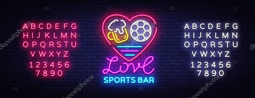 Sports bar logo neon vector. Sports pub neon sign, I love beer and Soccer concept, nightlife bright signboard for sports pub, bar, fan club, soccer cup, football online. Vector Editing text neon sign.