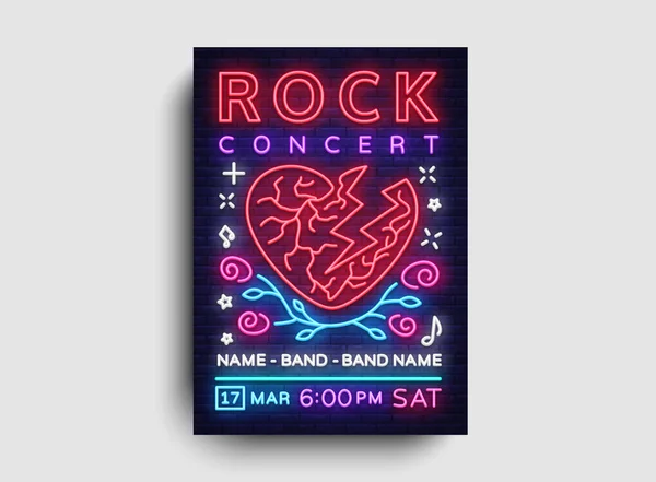 Rock musik konsert affisch vektor. Utforma mallen Rock Music Festival, Neon stil, Neon Banner, ljus Flyer, konsert inbjudan, rockn'roll musik, natt inbjudan till fest. Vektorillustration — Stock vektor