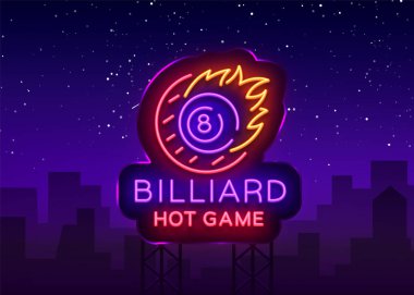 Bilardo neon tabela. Bilardo sıcak oyun logo neon stili, hafif afiş, tasarım şablonu amblemi gece Bilardo, parlak gece hayatı reklam, tasarım öğesi projeleriniz için. Vektör. Billboard
