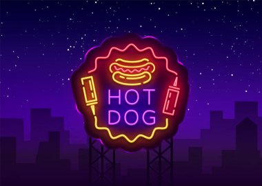 Sosisli sandviç neon işareti vektör. Sosisli sandviç logo neon tarzı tasarım şablonu, gece neon amblemi, tabela, afiş, parlak ışık ışık gece reklam fast food kafe, Restoran, snack bar. Billboard