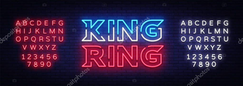 Fight Club neon sign vector. King of the Ring neon symbol logo, design element on night battles, light banner, night neon advertisement. Editing text neon sign.