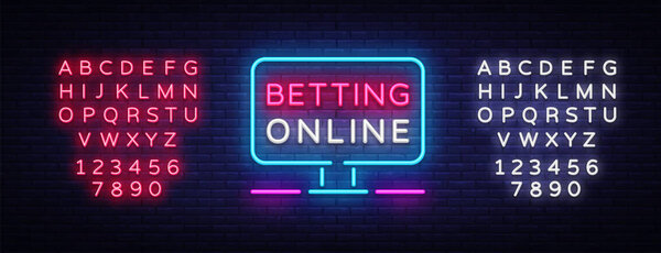 Betting Online neon sign. Gambling slogan, Casino, Betting design element, Night neon signboard. Vector illustration. Editing text neon sign