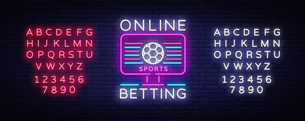 Online betting neonskylt. Sportspel. Online betting logotyp, neon symbol, ljus banner, ljusa natten reklam, spel, casino. Vektor. Redigera text neonskylt — Stock vektor