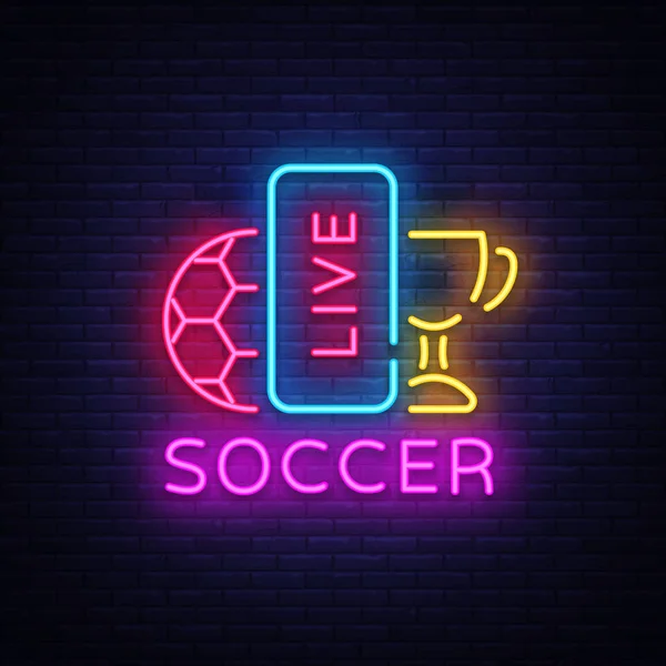 Live Soccer Neon Sign Vector (em inglês). Logotipo de futebol ao vivo néon, emblema de modelo de design, símbolo de futebol online, banner de luz, publicidade brilhante futebol noturno, sinal de futebol europeu. Ilustração vetorial — Vetor de Stock