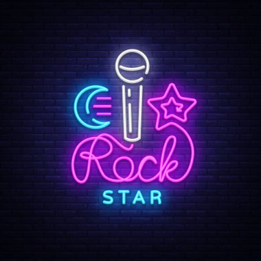 Rock yıldız Neon işareti vektör. Rock Star logo vektör tasarım şablonu, gece hayatı, canlı müzik, karaoke, gece kulübü, pub, bar için reklam banner, gece parlak neon ışık. Vektör çizim