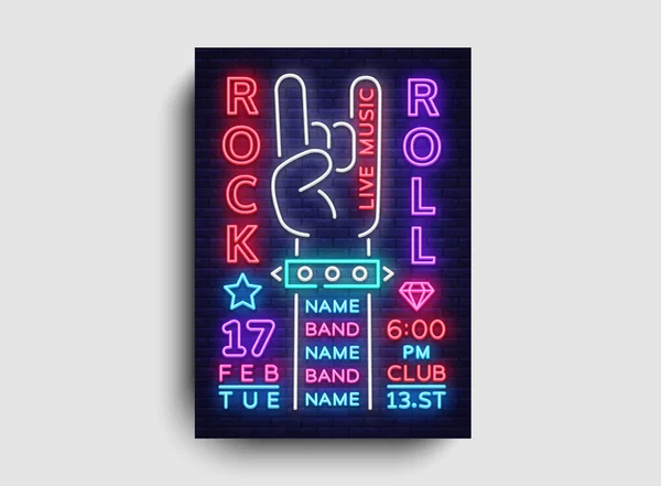 ロック音楽の夜のパーティーのフライヤー デザインのテンプレートです。ロックン ロールのネオンサイン、光のバナーは、ロック コンサート招待、ネオンのスタイル、明るいパンフレット、タイポグラフィ、明るいネオン広告をデザインします。ベクトル — ストックベクタ