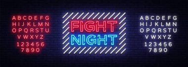 Gece neon tabela mücadele. Gece parlak reklam, ışık afiş, tasarım neon işareti şablonu. Vektör çizim. Metin neon işareti düzenleme