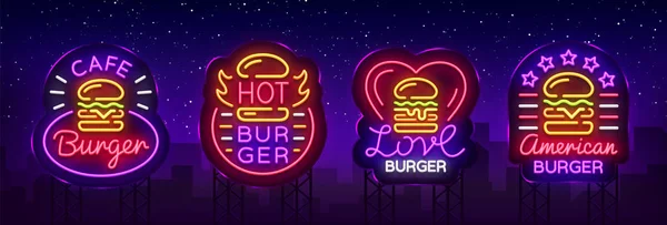 Burger Cafe uppsättning neonskyltar. Fastfood burgare smörgås samling logotyper i neon stil, banner, formgivningsmall, natt reklam för matsal, restaurang, snackbar, snabbmat. Vektor. Billboard — Stock vektor