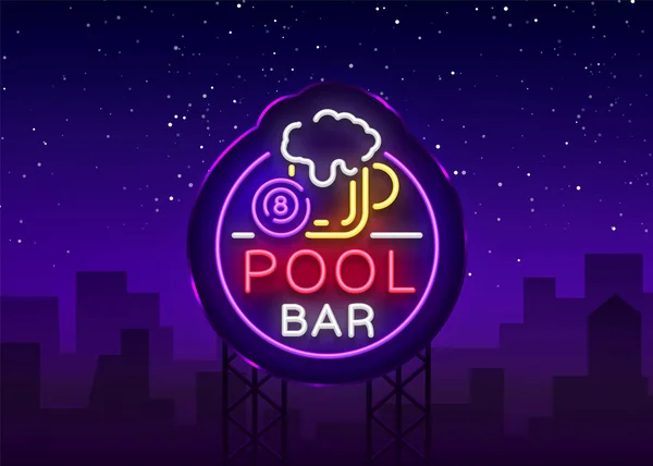 Pool bar-logotypen i neon stil. Neonskylt designmall för club, öl och biljard ljus banner, designelement, natt neon reklam, biljardrum, ljusa flyer. Vektorillustration. Billboard — Stock vektor