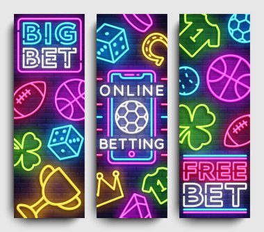 Sports betting vertical banner vector design template. Neon Signs, Light Banner, Bright Night Neon Advertising Bets, Gambling, Casinos. Vector illustration clipart