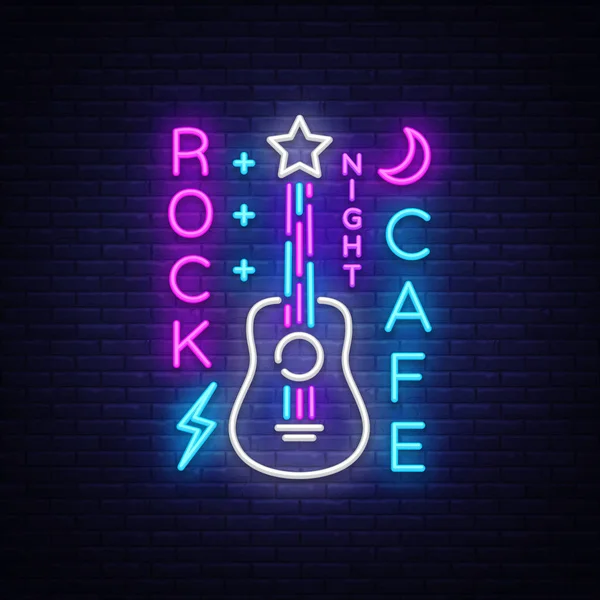 Logo Rock Café Neon Vector. Rock Café Neon Sign, Concept with guitar, Bright Night Advertising, Light Banner, Música en vivo, Karaoke, Night Club, Neon Signboard, Design Element. Ilustración vectorial — Archivo Imágenes Vectoriales