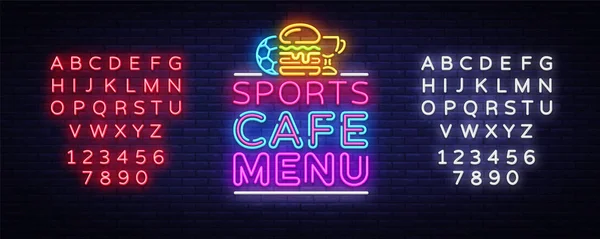 Deportes Café Menú neón signo vector. Símbolo de menú Sport Café, logotipo de neón, emblema brillante, pancarta ligera, elemento de diseño para bar deportivo, cafetería, club de fans. Ilustración vectorial. Edición de texto signo de neón — Vector de stock