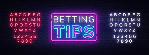 Vector consejos de apuestas. Bet Tips signo de neón. Brillante cartel de la noche en el juego, apuestas. Banner de luz, elemento de diseño. Edición de texto signo de neón — Archivo Imágenes Vectoriales