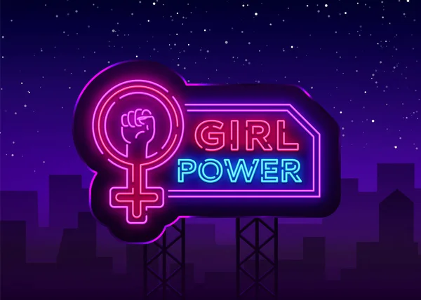 Meisjes Power lichtreclame. Modieuze slogan feministische slogan, neon stijl banner licht, night heldere teken. Vectorillustratie. Billboard — Stockvector