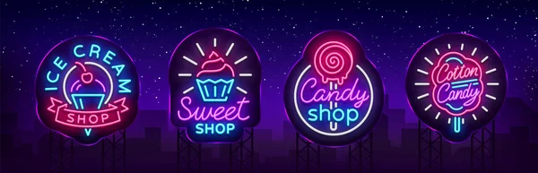 Sweets Shop adalah kumpulan logo bergaya neon. Toko es krim, Cotton Candy. Permen koleksi toko neon tanda-tanda, spanduk cahaya, cerah neon iklan pemanis. Templat desain. Papan Vektor - Stok Vektor