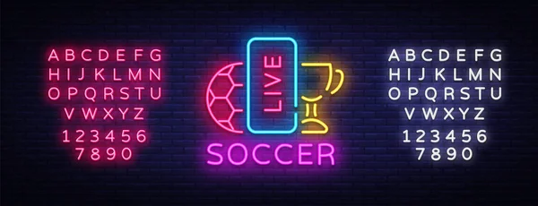 Live Soccer Neon Sign Vector (em inglês). Logotipo de futebol ao vivo néon, emblema de modelo de design, símbolo de futebol online, banner de luz, publicidade brilhante futebol noturno, sinal de futebol europeu. Edição de texto sinal de néon — Vetor de Stock
