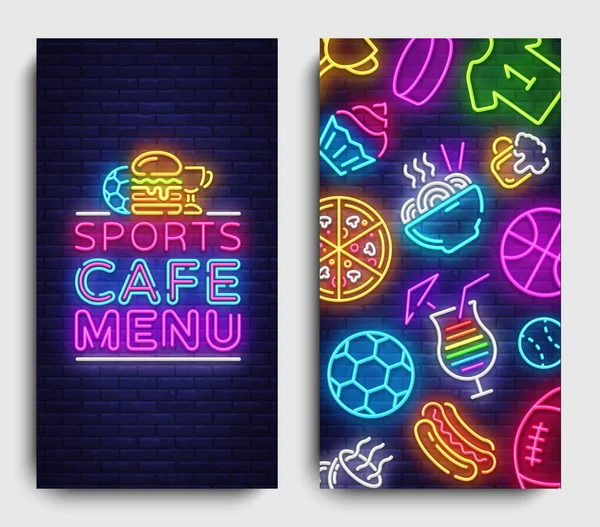 Sport Cafe Menu Bandeiras verticais. Modelo de design, Sports Cafe Menu Sinal de néon, fundo de néon, banner de luz, publicidade brilhante, comida de menu de brochura para Sport Pub. Ilustração vetorial — Vetor de Stock
