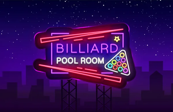 Klub Billiard, neon sign. Billiard pool room Desain templat Bright neon emblem, logo untuk Billiard Club, Bar, Tournament. Panji cahaya, tanda malam untuk proyekmu. Vector Illustration. Billboard - Stok Vektor