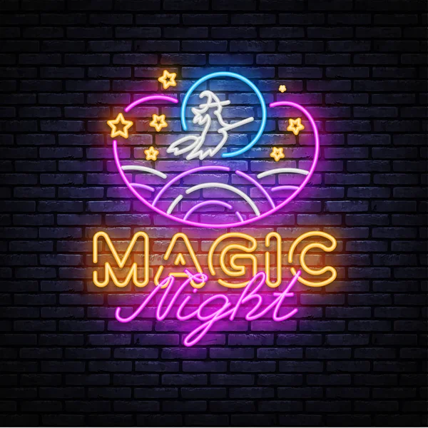 Sihirli Gece Neon İşareti Vektörü. Magic Show neon posteri, tasarım şablonu, modern moda tasarımı, gece lambası reklamı, ışık panosu, ışık sanatı. Vektör illüstrasyonu — Stok Vektör