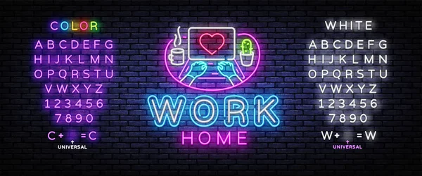 Work Home Neon konsep coronavirus COVID-19. Perusahaan ini memungkinkan karyawan untuk bekerja dari rumah untuk menghindari virus. Vektor ilustrasi. Menyunting tanda teks neon - Stok Vektor
