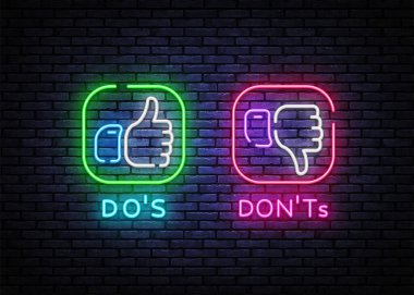 Dos Donts neon işaretleri vektör tasarım şablonu. Evet ya da hayır neon ışıklı pankart tasarım elementi renkli modern tasarım trendi, gece parlaklığı reklamcılığı, parlak tabela. Vektör illüstrasyonu