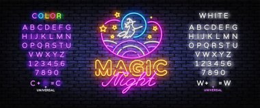 Sihirli Gece Neon İşareti Vektörü. Magic Show neon posteri, tasarım şablonu, modern moda tasarımı, gece lambası reklamı, ışık panosu, ışık sanatı. Vektör. Metin neon işareti düzenleniyor