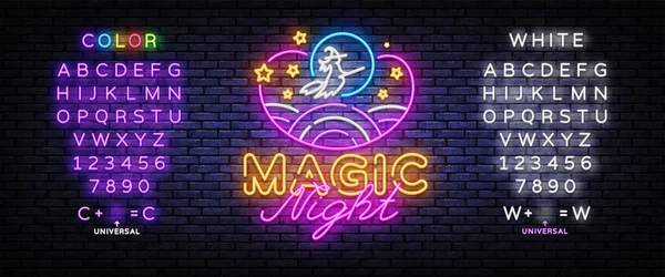 Magic Night Neon teken Vector. Magic Show neon poster, design template, modern trend design, nacht signboard, nacht heldere reclame, licht banner, licht kunst. Vector. Tekst neon teken bewerken — Stockvector