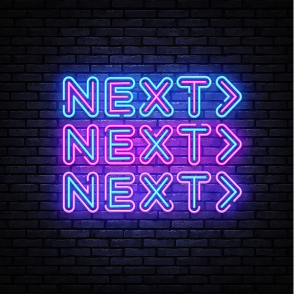 Volgende neon inscriptie. Volgende Stappen Neon teken, design template, modern trenddesign, nacht signboard, nacht heldere reclame, licht banner, lichte achtergrond. Vectorillustratie — Stockvector