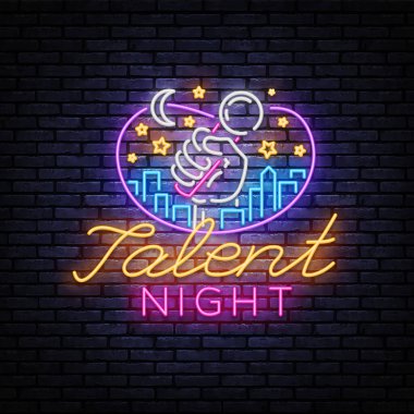 Yetenek Gecesi Neon İmza Vektörü. Yetenek Gösterisi tabelası, tasarım şablonu, modern moda tasarımı, gece lambası reklamı, ışık panosu, açık arkaplan. Vektör illüstrasyonu