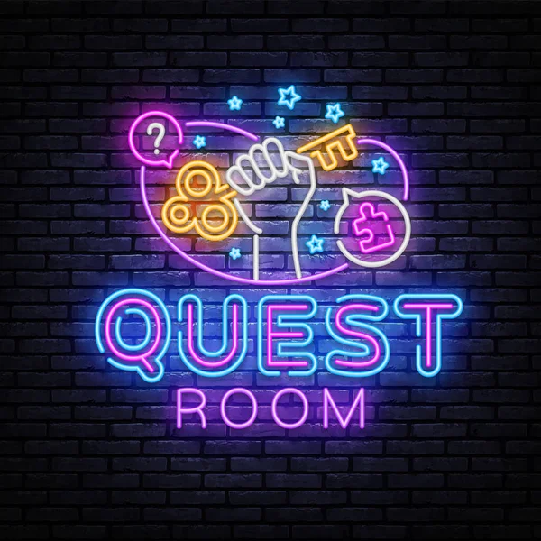 Δωμάτιο διαφυγής νέον διάνυσμα πινακίδας. Quest room Design template, light banner, night signboard, νυχτερινή φωτεινή διαφήμιση, φωτεινή επιγραφή. Εικονογράφηση διανύσματος — Διανυσματικό Αρχείο