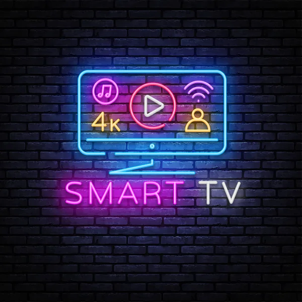 Smart TV неоновый знак векторного дизайна шаблон. Smart TV Monitor неоновый дизайн, световой баннер, элемент дизайна, ночная яркая реклама, яркая вывеска. Векторная иллюстрация — стоковый вектор