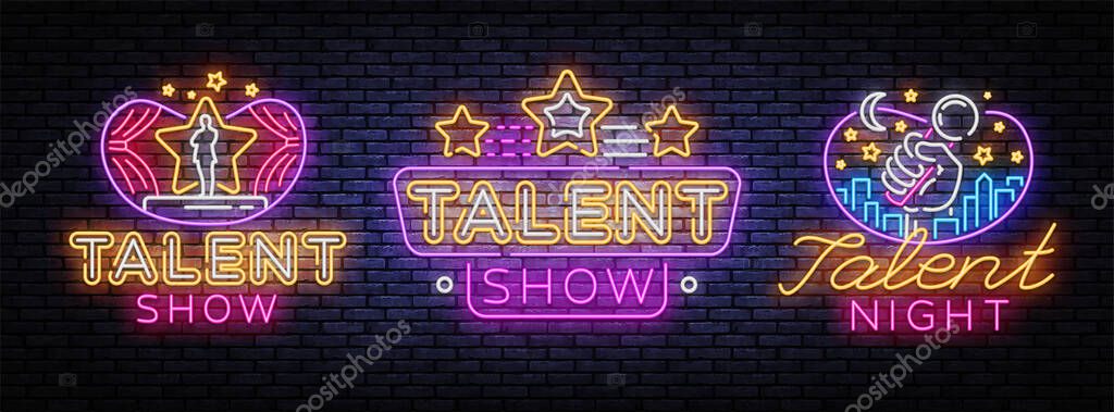 Talent Show set neon sign vector design template. Talent Night neon signs, light banner design element colorful modern design trend, night bright advertising, bright sign. Vector illustration.
