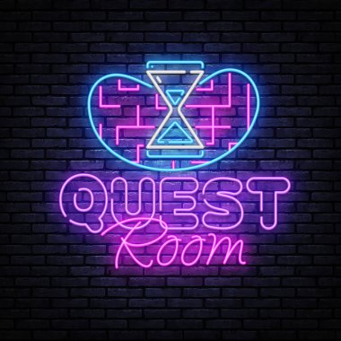 Sorgu Odası neon işareti vektör tasarım şablonu. Kaçış odası neon ışıklı pankart tasarım elementi renkli modern tasarım trendi, gece lambası reklamcılığı, parlak tabela. Vektör illüstrasyonu