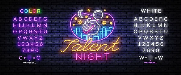 Talent Night Neon Signboard Vector. Talent Show neon sign, design template, modern trend design, night signboard, night bright advertising, light background. Vector. Editing text neon sign — Stock Vector