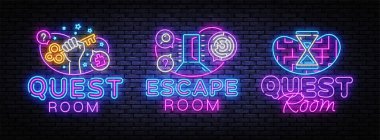Kaçış odası neon tabelalar taşıyıcısı. Araştırma Odası tasarım şablonu konsepti. Neon afiş arka plan tasarımı, gece sembolü, modern trend tasarımı. Vectro Görüntü