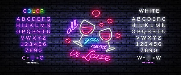 Alles wat je nodig hebt is liefde neon teken vector ontwerp template. Liefde conceptie met wijn, neon licht banner design element kleurrijke moderne design trend. Vector illustratie. Tekst neon teken bewerken — Stockvector