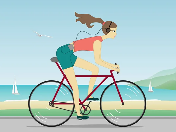 Молодая женщина катается на велосипеде и слушает музыку у моря — стоковый вектор
