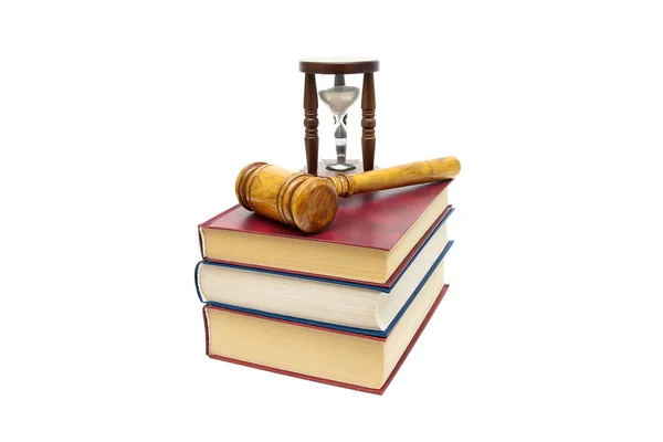 Judge gavel, books and hourglass isolated on a white background — Stock Photo, Image