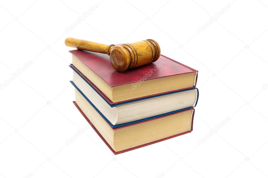Judge gavel and books isolated on white background