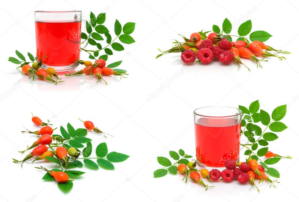 Ripe raspberry, wild rose berries and drink on a white backgroun