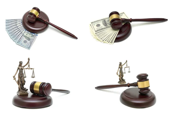 Kladivo dřevěná soudce, peníze a zákon spravedlnosti — Stock fotografie