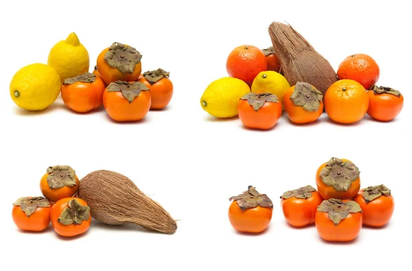 Persimon, citron, apelsin och kokos på en vit bakgrund. — Stockfoto